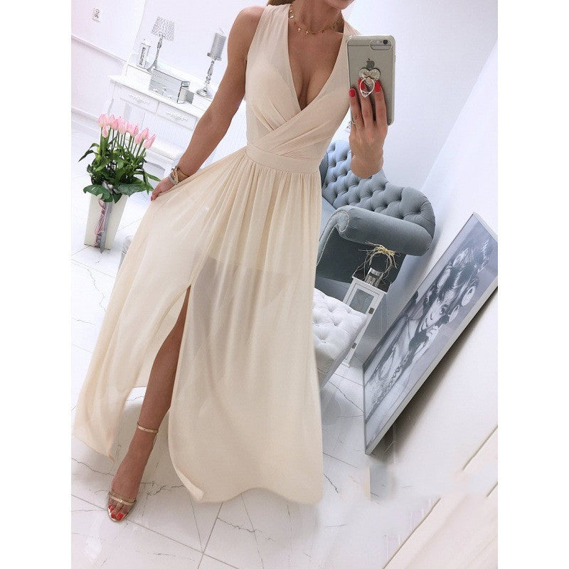 Vestido de verão comprido de verão sem mangas e com decote em V