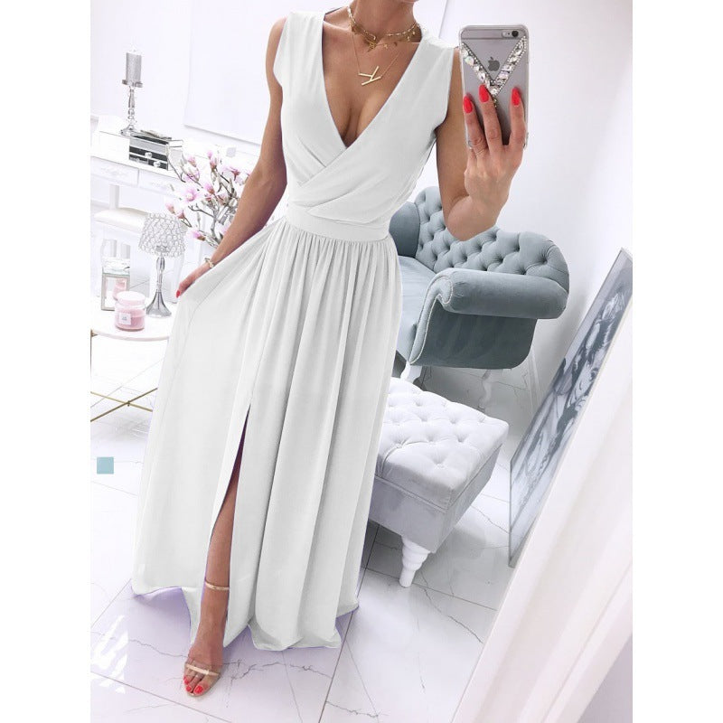 Vestido de verão comprido de verão sem mangas e com decote em V