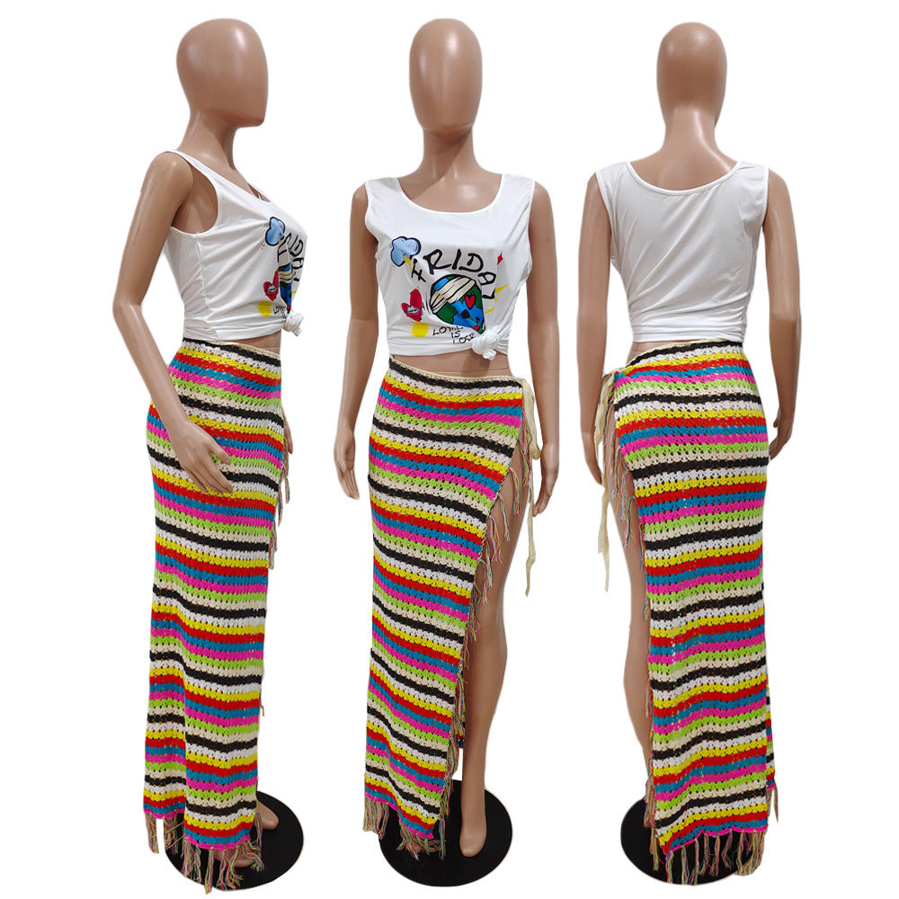 Saia de praia casual com alças e borlas