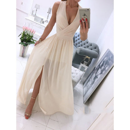 Vestido de verão comprido de verão sem mangas e com decote em V