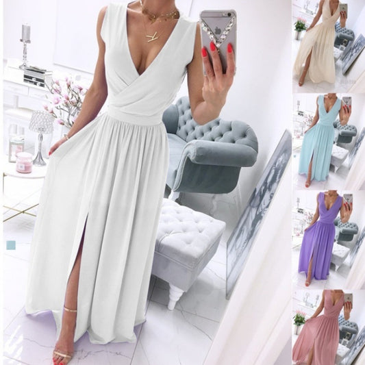 Vestido de verão comprido de verão sem mangas e com decote em V
