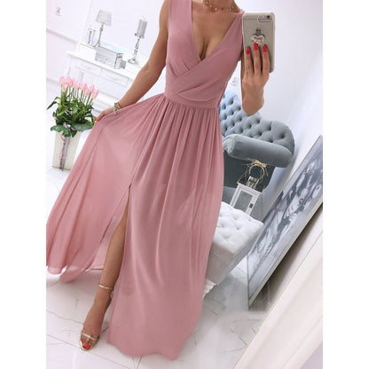 Vestido de verão comprido de verão sem mangas e com decote em V
