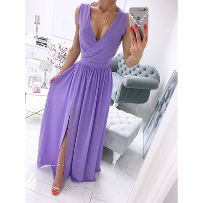 Vestido de verão comprido de verão sem mangas e com decote em V